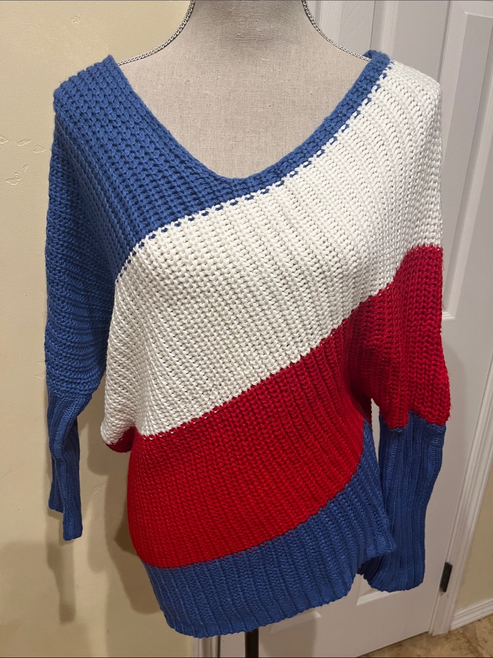 Women's Handmade Colorblock V-Neck Sweater in Red, White & Blue